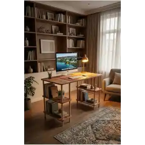 Kitaplıklı Bilgisayar Masası Raflı Çalışma Masası Modern Dekoratif Ofis Mobilyası Atlantik Çam