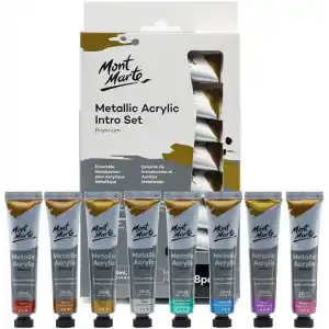 Mont Marte Metalik akrilik boya seti, 8 adet x 18 ml tüp, ışığa dayanıklı renkler, pürüzsüz tutarlılık ve opak metalik kaplama.