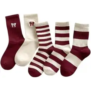 5li Ekonomik Paket Bordo-Beyaz Çizgili Kurdele Desenli Unisex Tenis Çorap Seti Tek Beden