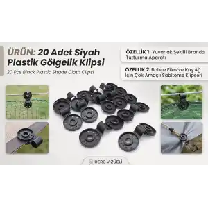 20 Adet Siyah Plastik Gölgelik Klipsi, Yuvarlak Şekilli Branda Tutturma Aparatı, Bahçe Filesi ve Kuş Ağı İçin Çok Amaçlı Sabitleme Klipsleri