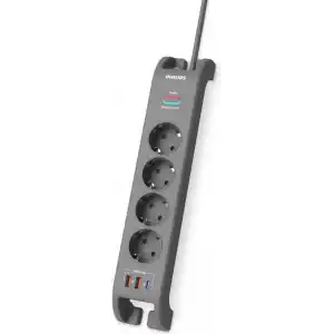 PHILIPS SPN4140GA/62, 4 Soket, Akım Korumalı Priz, 2400 Joules, 2Mt Kablo, 1xUsb-C PD 20W Hızlı Şarj, 2xUsb-A QC 18W, (Gri)