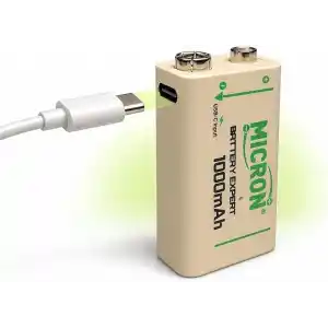 Micron 9V Şarj Edilebilir Lityum Pil 1000 Döngü USB Type-C Yassı Pil, 9V Pil