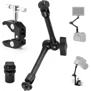Coverzone Profesyonel Magic Arm DSLR Kamera Tutucu Süper Kelepçeli Mengene Stand, 1/4 3/8 Dişli Flaş Pabuçlu Esnek Mafsallı Kol Tripod Masa Gidon Monitör Mikrofon Aksiyon Kamera Sabitleme, MG01, Siyah