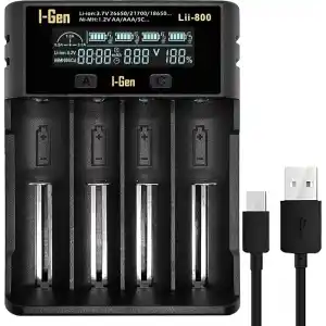 I-Gen Batteries Lii-800 Akıllı Li-ion Pil Şarj Cihazı, Type-C Girişli, LCD Ekranlı, 4 Slot Şarj, Li-ion & Ni-MH Uyumlu (18650/21700 / AA/AAA)