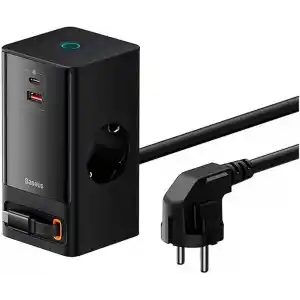 OS-Baseus PowerCombo Dijital Priz 2AC+1U+1C+Geri Çekilebilir-C 65W 1.5m Güç Kablosu ile AB Siyah