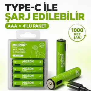 Micron AAA Şarj Edilebilir Lityum Pil 1.5V 1000 Döngü USB Type-C Girişli AAA İnce Kalem Pil 4’lü