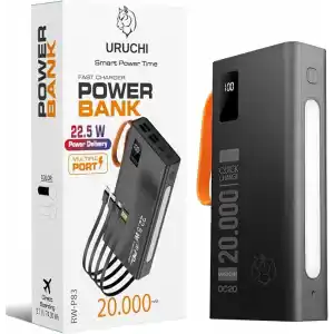 URUCHI 22.5W PD 3.0 Kablolu Powerbank, Gerçek 20.000 mAh Taşınabilir Şarj Cihazı, Dahili Type-C, Lightning ve Micro USB Kablolu, LED Ekranlı, Hızlı Şarj, iPhone 16/15 ve Android Uyumlu, Siyah