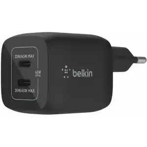 Belkin Çift USB-C Duvar Şarj Cihazı 45W, iPhone 14, 13, 12, Pro, Pro Max, iPad Pro 12.9, 11, MacBook, Galaxy S23, S23+, Ultra, Tab ve daha fazlası için GaN Teknolojili PD 3.0 Hızlı Şarj