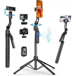 Coverzone Profesyonel Tripod ve Selfie Çubuğu, 360° Yapay Zeka Yüz Takibi, AI Hareketle Komut, 1/4 Vidalı, Canlı Yayın, Vlog, Fotoğraf, Uzaktan Kumandalı,160cm C17