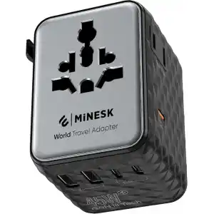Minesk 45W GaN III Evrensel Seyahat Adaptörü, 200+ Ülke Uyumlu Uluslararası Priz Dönüştürücü (US/UK/EU/AUS) - 3 Type-C & 2 USB-A Port, 2 AC Çıkışı - 10A Çift Sigortalı Hızlı Şarj Cihazı