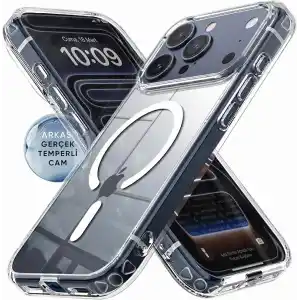 Minesk iPhone 17 Pro Max için ULTRA SUPER ŞEFFAF MagSafe ile Uyumlu Gerçek 9H Temperli Cam Arka Yüzey - Darbe Emici TPU Yan Kenarlar, Kristal Berraklığında Şeffaf Kılıf (17 Pro Max)