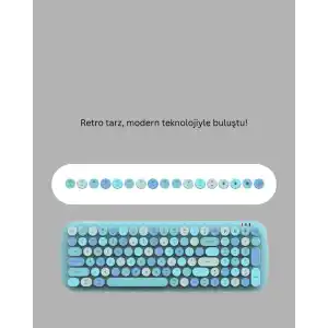Retro Tasarımlı Kablosuz Klavye Mouse Seti Mavi