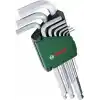 Bosch Alyan anahtar seti, 9 parça (çok yönlü görevler için küre başlı; yüksek kaliteli S2 çelik; 1,5 – 10 mm; uzun model; saklama klipsi)