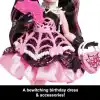 Monster High Pembe parti elbisesi giyen Doğum Günü Draculaura bebek ve davetiye, balon, hediye ve yelpaze gibi temaya uygun aksesuarlar, JBG74