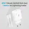 Bix BXCL20TA 20W PD Süper Hızlı Type-C Şarj Cihazı, Type-C’den Lightning’e Kablosuyla iPhone 17 serisi, iPhone 16 serisi, iPhone 15 serisi 14/14 Pro/14 Pro Max, iPad 9 ve Fazlasıyla Uyumlu