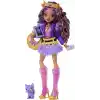 Mor motosiklet ceketi ve tüylü etek giyen Monster High Clawdeen Wolf bebek, kurt Crescent ve kitap, kruvasan ve çanta gibi 7 aksesuar, JHK30