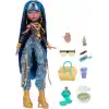 Kısa bluz ve altın rengi detaylı kot kargo pantolon giyen Monster High Cleo De Nile bebek, evcil yılanı Hissette ve salata, smoothie ve çanta gibi 7 aksesuar, JHK32