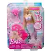 Baloncuk yapma özelliği ve solüsyonu ile uzun ve renkli meçli sarı saçları olan Barbie Baloncuk Rüyası Deniz Kızı bebek, tepsi ve tarak, JLW56