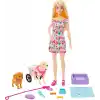 Barbie 2 oyuncak köpek ve aksesuarlarıyla Barbie bebek, tekerlekleri dönen çıkarılabilir yürüteçli köpekçik, 10dan fazla parçalı set, HTK37
