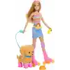 Barbie Paten ve Koşu Arkadaşım oyun seti, sarışın bebek ve paten kayan köpekçik, tasma, uyumlu patenler, güneş gözlükleri ve evcil hayvan aksesuarları, JMJ44