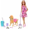 Barbie ve Köpekçiğin Yürüyüş Zamanı oyuncak seti, yürüyen ve tuvaletini yapan oyuncak köpek, Barbie Malibu bebek, kürek ve evcil hayvan aksesuarları, JJB46