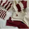 5li Ekonomik Paket Bordo-Beyaz Çizgili Kurdele Desenli Unisex Tenis Çorap Seti Tek Beden
