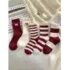 5li Ekonomik Paket Bordo-Beyaz Çizgili Kurdele Desenli Unisex Tenis Çorap Seti Tek Beden
