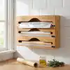 Deconox 3 Bölmeli Doğal Bambu Folyoluk ve Streç Film Kesici Organizer - Sürgülü Bıçaklı Çekmece İçi Düzenleyici Pişirme Kağıdı ve Alüminyum Folyo Standı Mutfak Organizeri (35,5 x 22 x 7 cm)