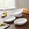 Deconox 3lü Porselen Büyük Boy Kayık Tabak Seti - Minimalist Beyaz Sunum Tabağı Çukur Mezelik Kahvaltılık ve Servis Tabağı (19 x 12 x 3.5 cm)