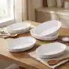 Deconox 3lü Porselen Büyük Boy Kayık Tabak Seti - Minimalist Beyaz Sunum Tabağı Çukur Mezelik Kahvaltılık ve Servis Tabağı (19 x 12 x 3.5 cm)
