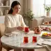 Deconox 6lı Kulplu Borosilikat Cam Çay Bardağı Seti, İnce Şeffaf ve Tabaksız, Keyf-i Ala, Kısa, Desenli, Çizgili ve Burgu Çizgili Model Seçenekleri (Keyf-i Ala Kısa)