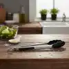 Deconox 30 cm Silikon Uçlu Metal Saplı Kızartma ve Servis Maşası - Isıya Dayanıklı Çizmez Kilitli Siyah Maşa