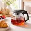 Cam Demlik 900ml, Paslanmaz Çelik Süzgeçli Filtreli Çaydanlık, Çay, Bitki Çayı Süzgeci, Isıya Karşı Dayanıklı Pratik Üst Kısım Tek Parça (Siyah, 900, Mililitre)