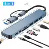 Coverzone Çoklayıcı Adaptör 8 in 1 USB/Type-c To USB A, USB C Macbook uyumlu Çevirici Adaptör Çok Portlu Çoklayıcı 8in1 USB HUB Titanyum Renk BYL2218TU