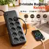 Babilden 2 Metre Termal Akım Korumalı 10lu Priz Çoklayıcı, 2 USB 2 Type-C Girişli 16A 4000W Onlu Dönüştürücü Uzatma Kablosu 10 Adet Anahtarlı Giriş Masaüstü Duvar Çoklu Prizi