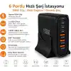 Jouis Çoklu Şarj İstasyonu GaN 150W - 6 Portlu Masaüstü Hızlı Şarj Cihazı (4x Type-C 100W/20W, 2x USB-A 18W) MacBook, Laptop, iPhone 15/14, iPad ve Android Uyumlu Akıllı Şarj Adaptörü