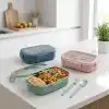 Deconox Paslanmaz Çelik Yemek Kabı 800 ml, 2 Bölmeli Lunch Box, Çatal Kaşık Dahil, Kilitli Kapaklı Saklama ve Taşıma Kabı, 21x15x6,6 cm, Pembe/Mavi/Yeşil