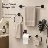 Alper Banyo 5’li Siyah Banyo Seti, Yapışkanlı ve Vidalı Montajlı, Uzun Havluluk, Halka Havluluk, Fön Makinesi Askısı, Solo Havlu Kağıdı Askısı ve Tuvalet Kağıdı Askısı