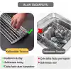 MallArt® Katlanabilir Evye Üstü Bulaşık Kurutmalık Süzgeç 47x29 cm - Paslanmaz Çelik & Isıya Dayanıklı Silikon Rulo Bulaşık Rafı, Meyve Sebze Yıkama Süzgeci, Gri