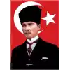 Lona Sanat Kalpaklı Atatürk Resmi, Atatürk Imzalı Türk Bayrağı 50X75Cm.
