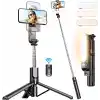Çıkarılabilir Dolgu Işıklı Sabit Selfie Çubuğu Tripod, iPhone, Samsung, Huawei, Sony ve Diğer Akıllı Telefonlar için Kablosuz Uzaktan Kumandalı 360 ° Dönebilen Genişletilebilir Cep Telefonu Tripodu