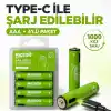 Micron AAA Şarj Edilebilir Lityum Pil 1.5V 1000 Döngü USB Type-C Girişli AAA İnce Kalem Pil 4’lü