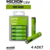Micron AAA Şarj Edilebilir Lityum Pil 1.5V 1000 Döngü USB Type-C Girişli AAA İnce Kalem Pil 4’lü