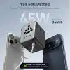 Minesk 45W GaN III Evrensel Seyahat Adaptörü, 200+ Ülke Uyumlu Uluslararası Priz Dönüştürücü (US/UK/EU/AUS) - 3 Type-C & 2 USB-A Port, 2 AC Çıkışı - 10A Çift Sigortalı Hızlı Şarj Cihazı