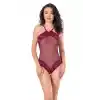 İşlemeli Dantelli File Tül Bodysuit - Bordo - TCX22222