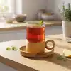 TCX 12 PARÇA ÇAY SETİ - BAMBU BARDAK ALTIĞI - ÇİFT CİDARLI CAM - 150 ML