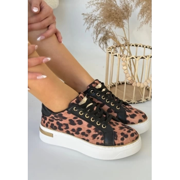 Leopar Saten Bağcıklı Spor Ayakkabı