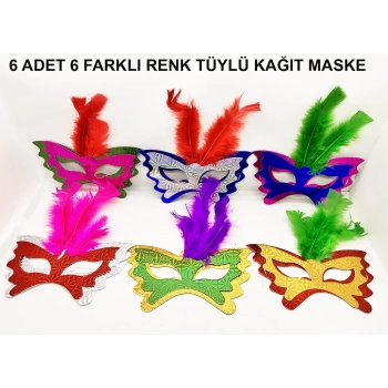 Tüylü Kağıt Karnaval Maskesi (6'lı Set)