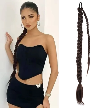 Üçlü Örgülü Tokalı Bağlamalı At Kuyruğu / Kahve Karamel