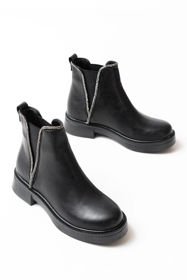 Bidebuvar 02-02 Siyah Taş Aksesuarlı Lastikli Günlük Kadın Bot